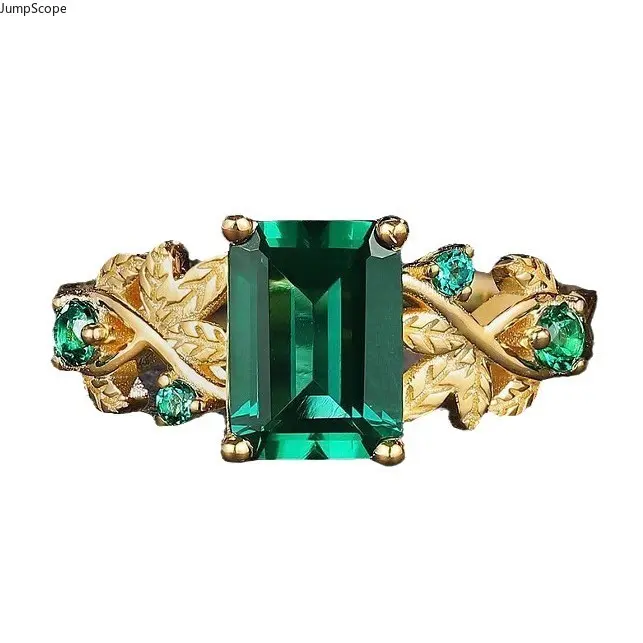 Emerald Green Twisted Vine Leaves Solitaire Stone Wide Face Ring - MDF+Steel, Engagement Ring for Female, Ideal for Formal Occasions, Vintage Outfits