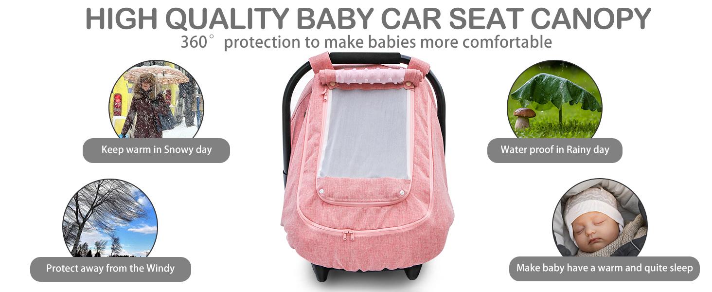 Waterproof Baby Car Seat Cover, Patented Pink Cold Weather Carseat Cover for Babies,Infant Car Seat Cover Canopy for Girls, Windproof Car Seat Canopy for Girls, Keeps Babies Warm and Cozy