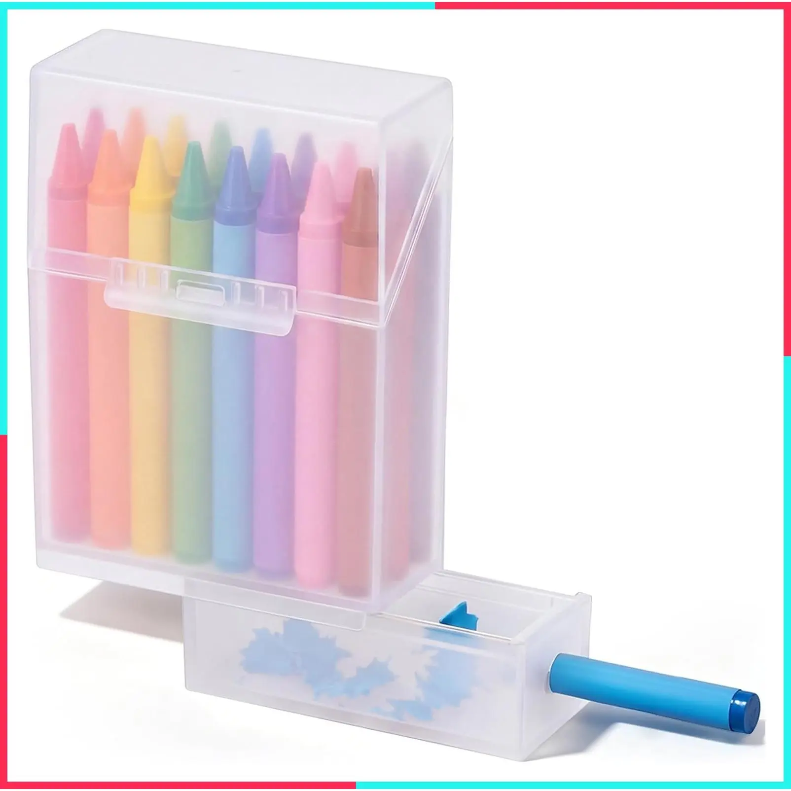 2 in 1 Clear Plastic Crayon Box with Sharpener Holds 24, Hinged Lid & Snap Closure Organizer Case, Colorful Art Craft School Supplies for Kids Classroom