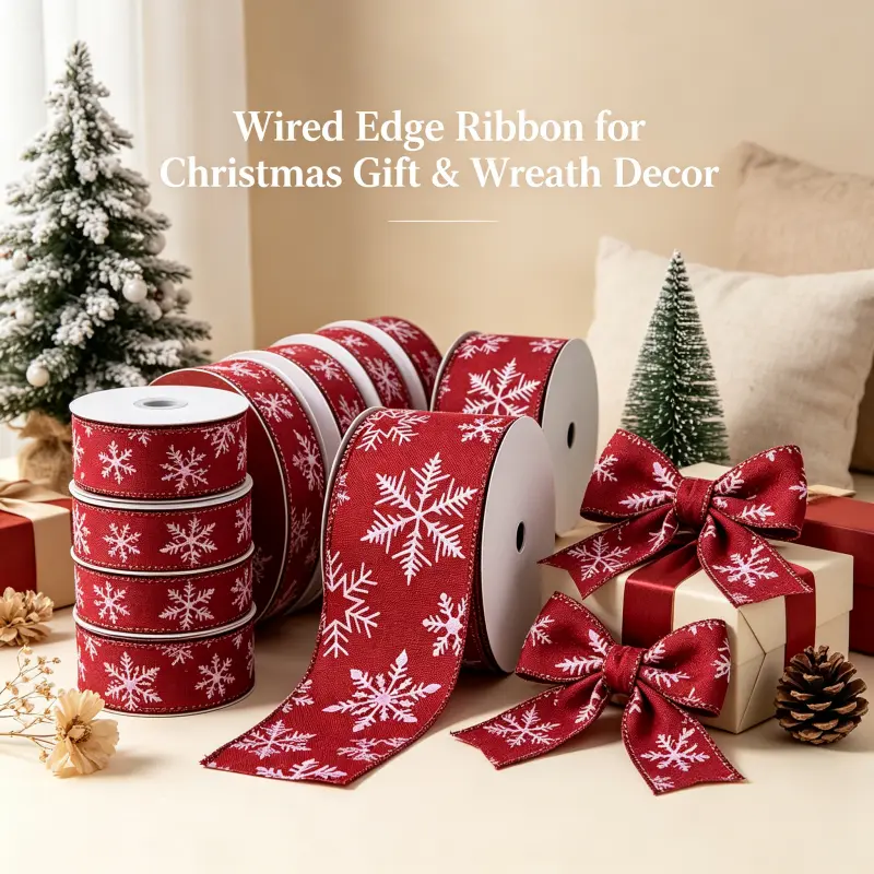 2.5 Inch Red Snowflake Wired Ribbon 10Y/Roll, Winter Christmas Craft Ribbon for Home Xmas Decor
