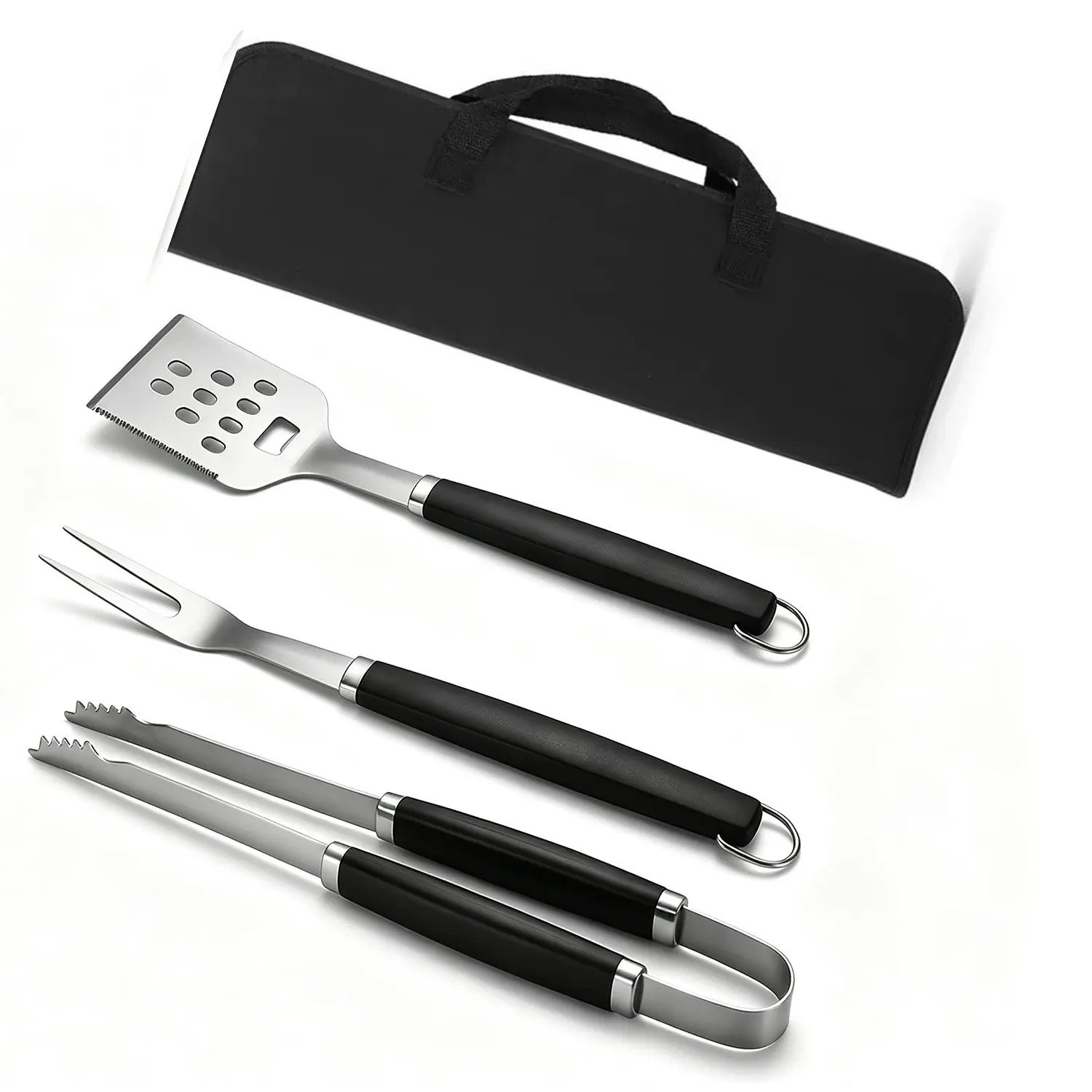 BBQ Tools Set, Stainless Steel Grill Spatula, Meat Fork and Tongs, Handles, Durable Grilling Utensils for Barbecue, Camping, Picnics
