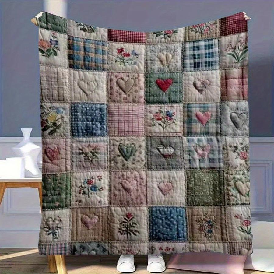 Colorful Floral Patchwork Blanket – Cozy Flannel Throw for Couch, Bed, Travel, All Season
