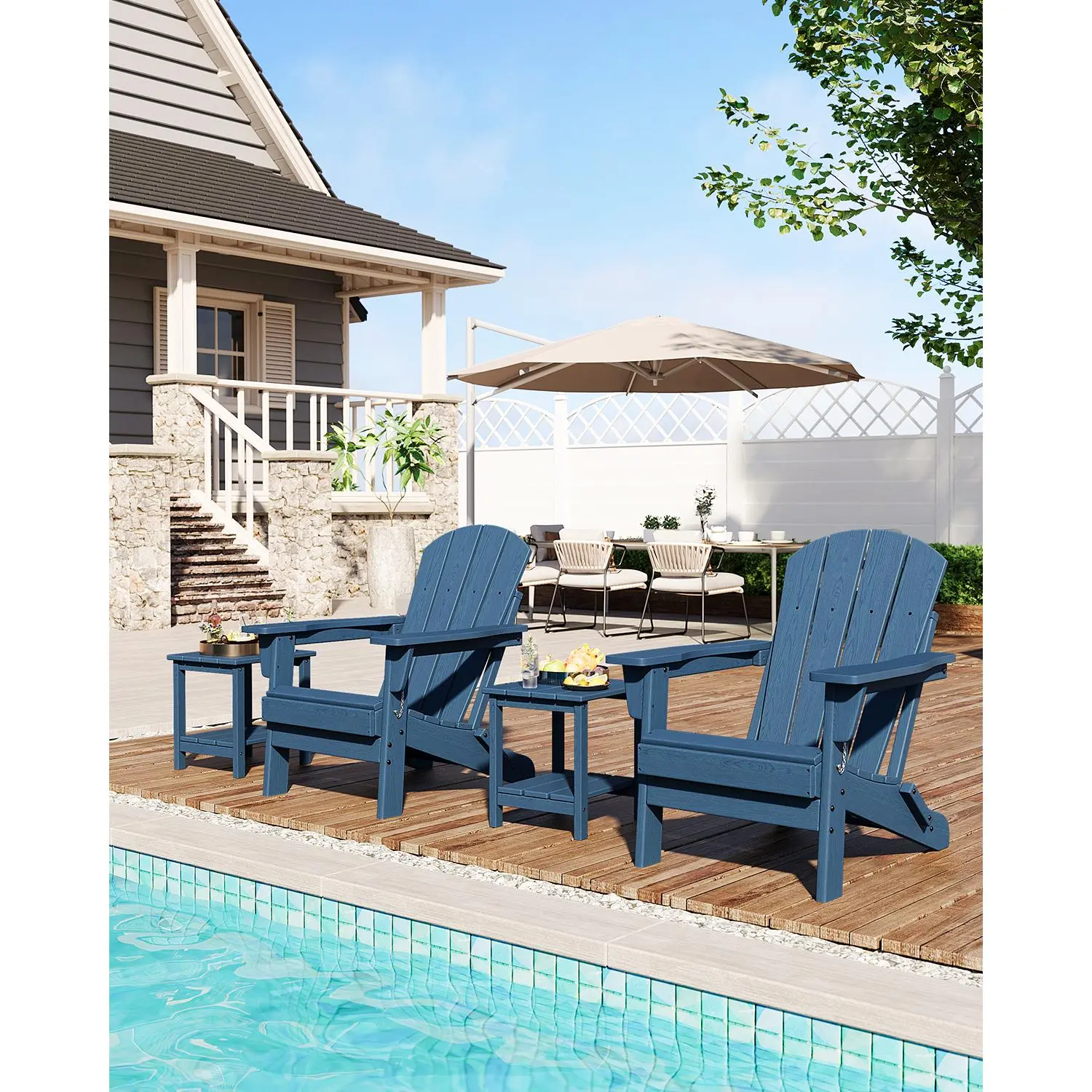Summervibes Flash sale home items All-Weather Folding Adirondack Chair Set of 2 with Side Table – HDPE Plastic, Wooden Texture, Cup Holders, Rainproof, Water-Resistant, Sturdy & Easy to Assemble, for Patio, Lawn, Garden, Fire Pit – Navy Blue