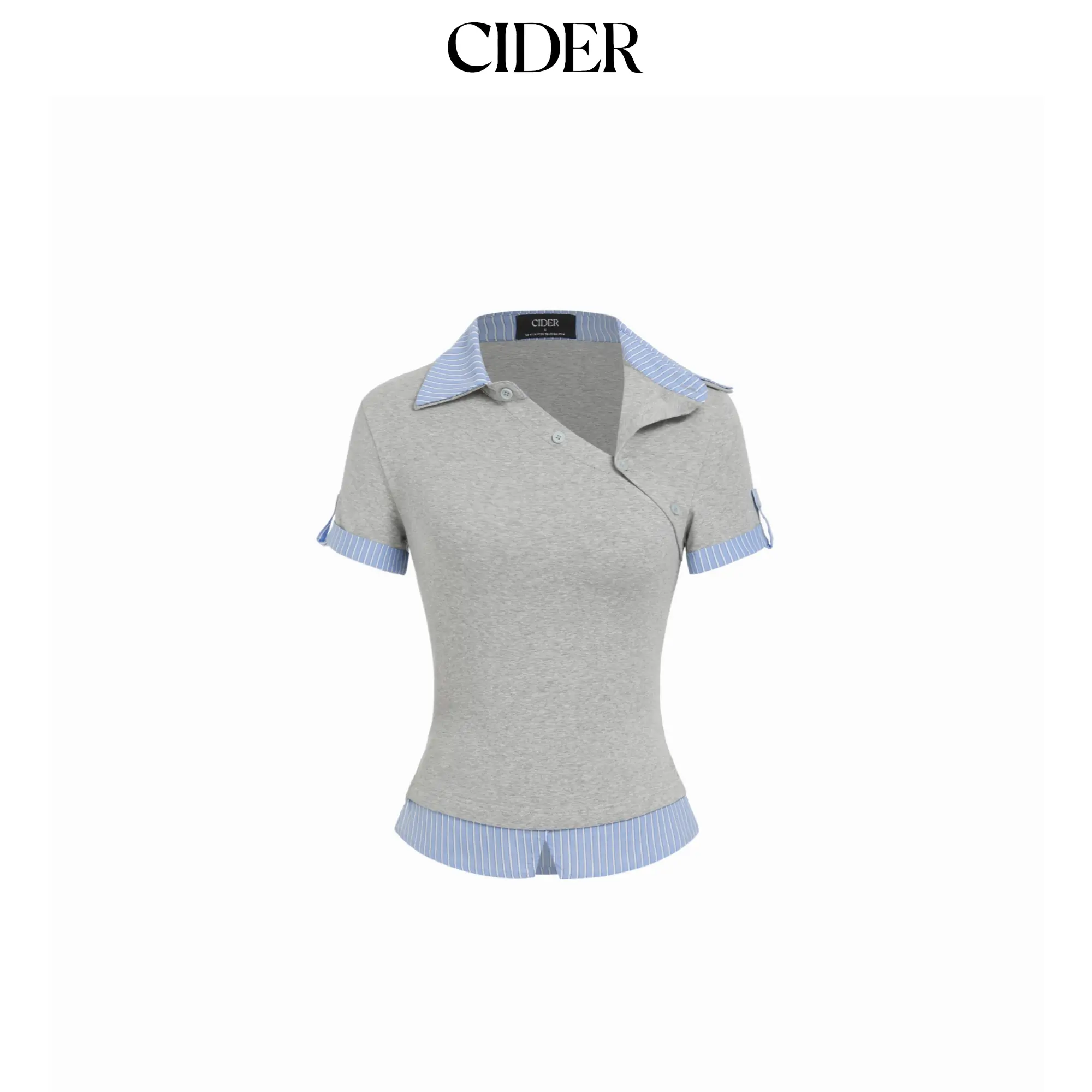 Cider Cotton Striped Asymmetrical Polo Neck Short Sleeve Top