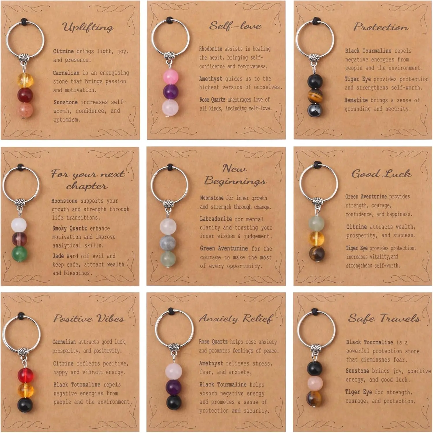 9Pcs Natural Stone Crystal Keychains for Women, Inspirational Gemstone Key Ring Set with Meaning Cards, New Beginnings Positive Vibes Good Luck Gifts