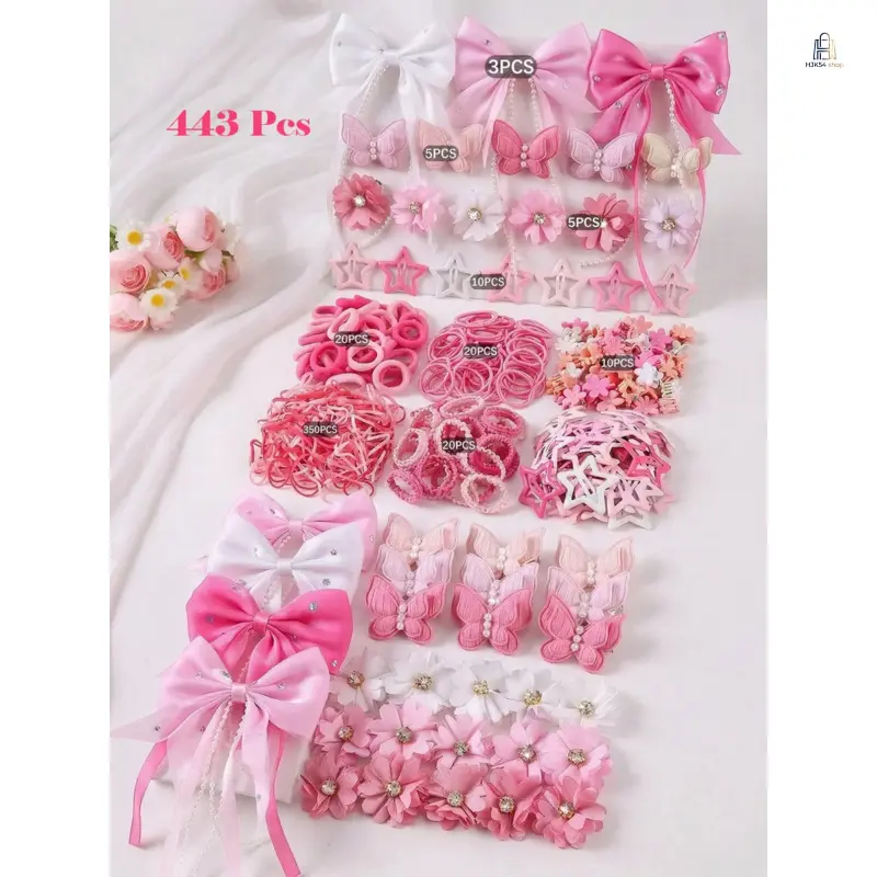 443 Pieces Girls Pink Hair Accessory Set Pearl Butterfly Clips Elastic Hair Ties Scrunchies Bang Barrettes Soft Secure Grip Lightweight All Match Daily School Casual Kids Lovely Hairstyle Decor Supplies