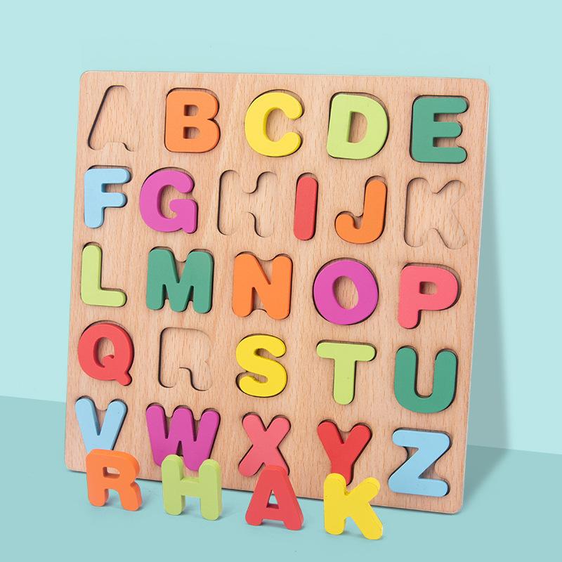 Baby Wooden Puzzles Montessori Toys 1 2 3 Years Toddler Toys Hand Grab Board Alphabet Number Cognition Learning Educational Toys