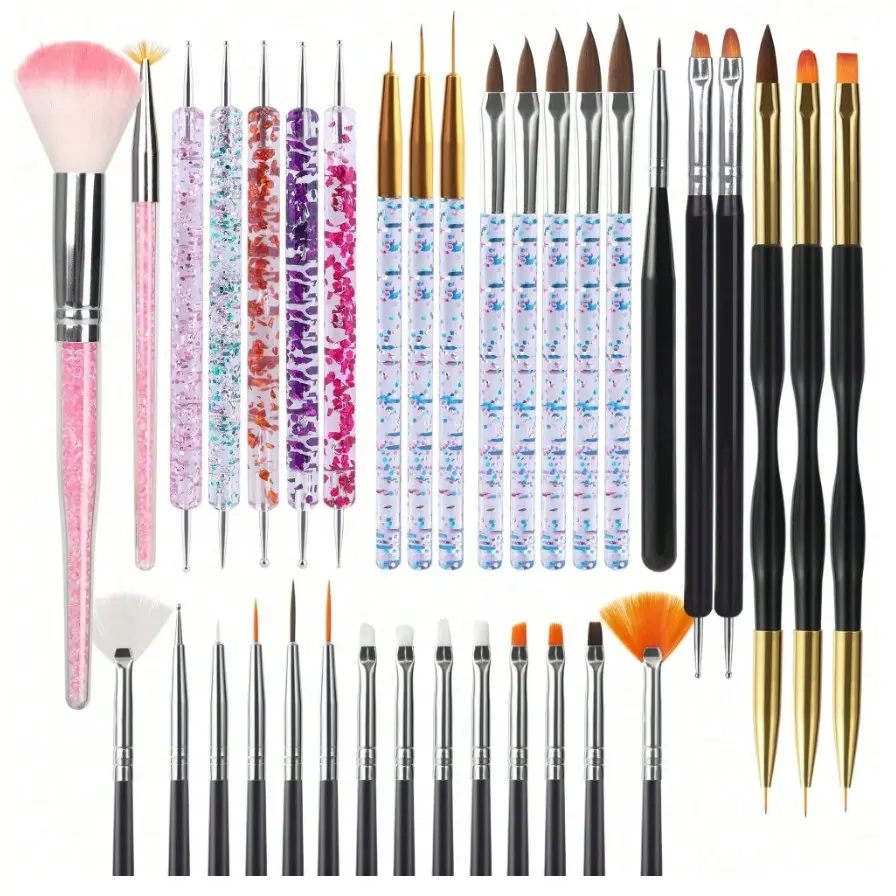 Landot 31pcs Nail Art Tool Kit, Includes Nail Brushes, Dotting Tools, Dust Brush, Striping Brush, Drawing Pens, Ideal for Nail Art Design