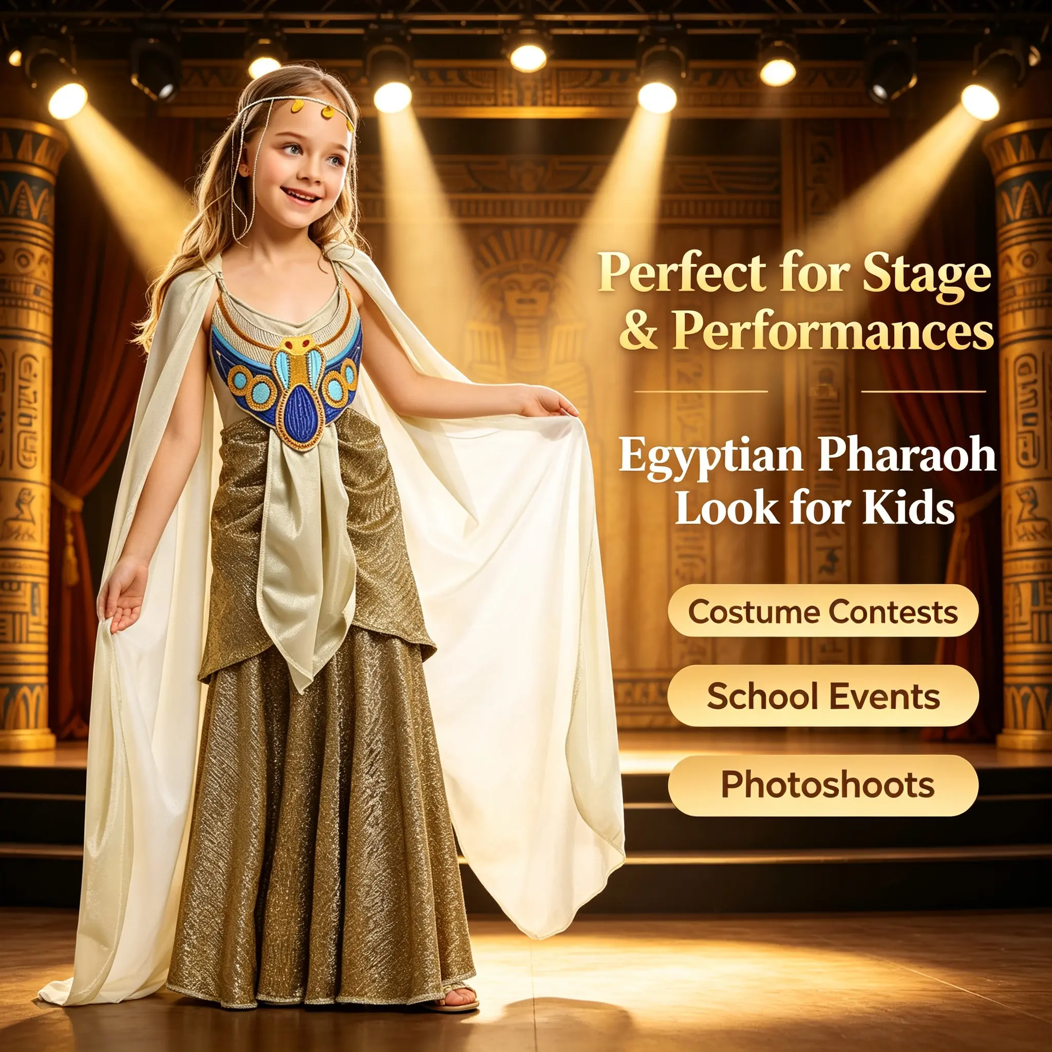 Kids Egyptian Pharaoh Costume | Ancient Egypt Princess Dress with Cape for Halloween