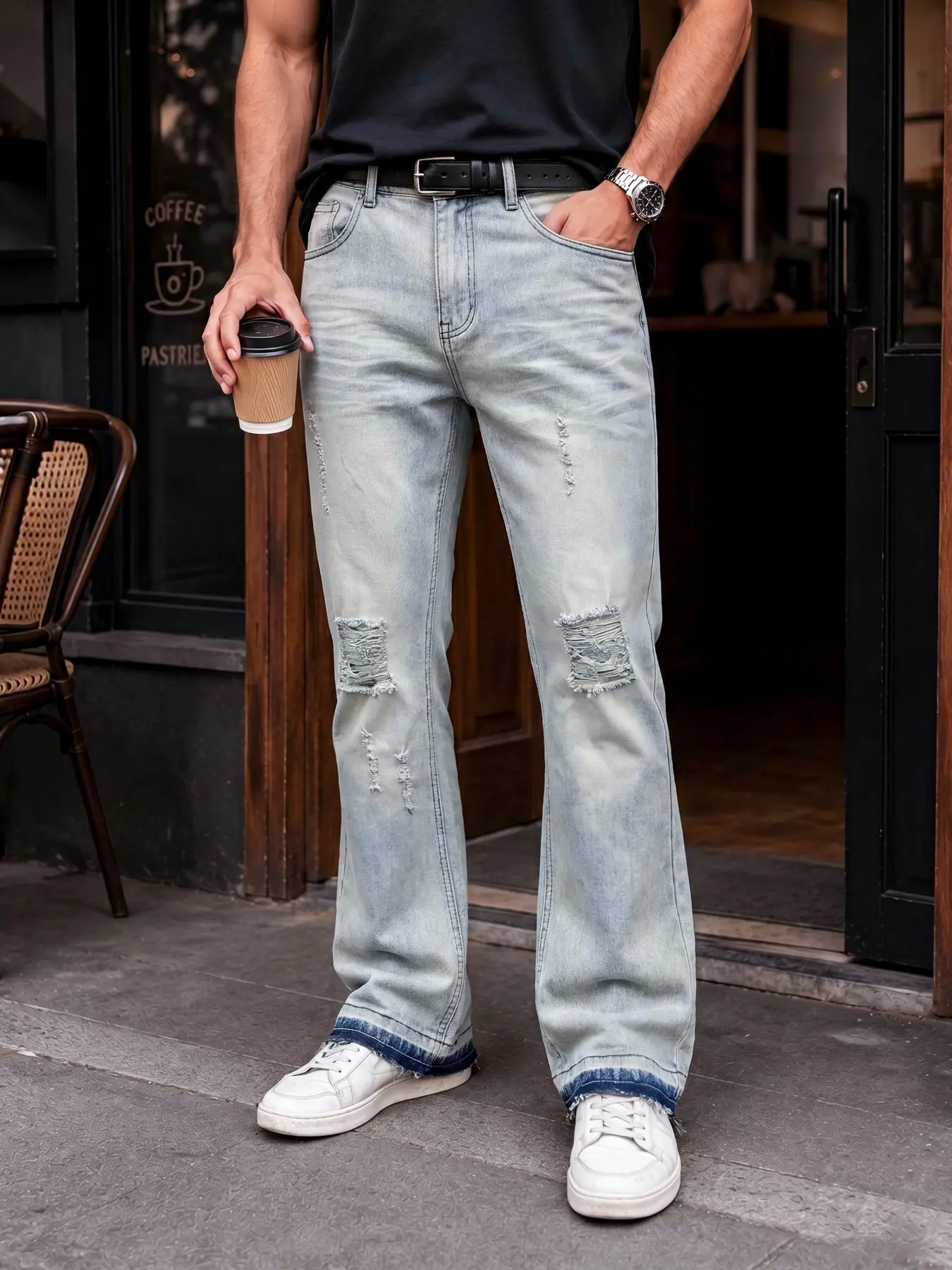 Men's slim-fit faded washed blue jeans with elastic waistband, tapered leg design featuring distressed holes and vintage distressed texture for a retro streetwear vibe
