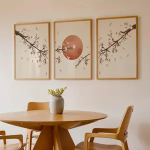 3 Pieces Japanese Cherry Blossom Triptych Art, Japan Sun Minimalist Zen Mural, Serene Aesthetic Home Art, Japanese Gallery Decor, Soft Tone Painting, Wall Decor for Living Room and Tea Room, Framed or Unframed.
