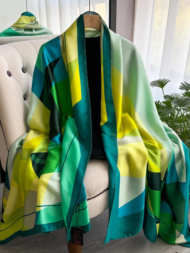 Women's Geometric Print Silk Scarf, Boho Style Scarf, Fashionable Soft Comfortable Shawl for Daily Wear, Casual Versatile Scarf for Women