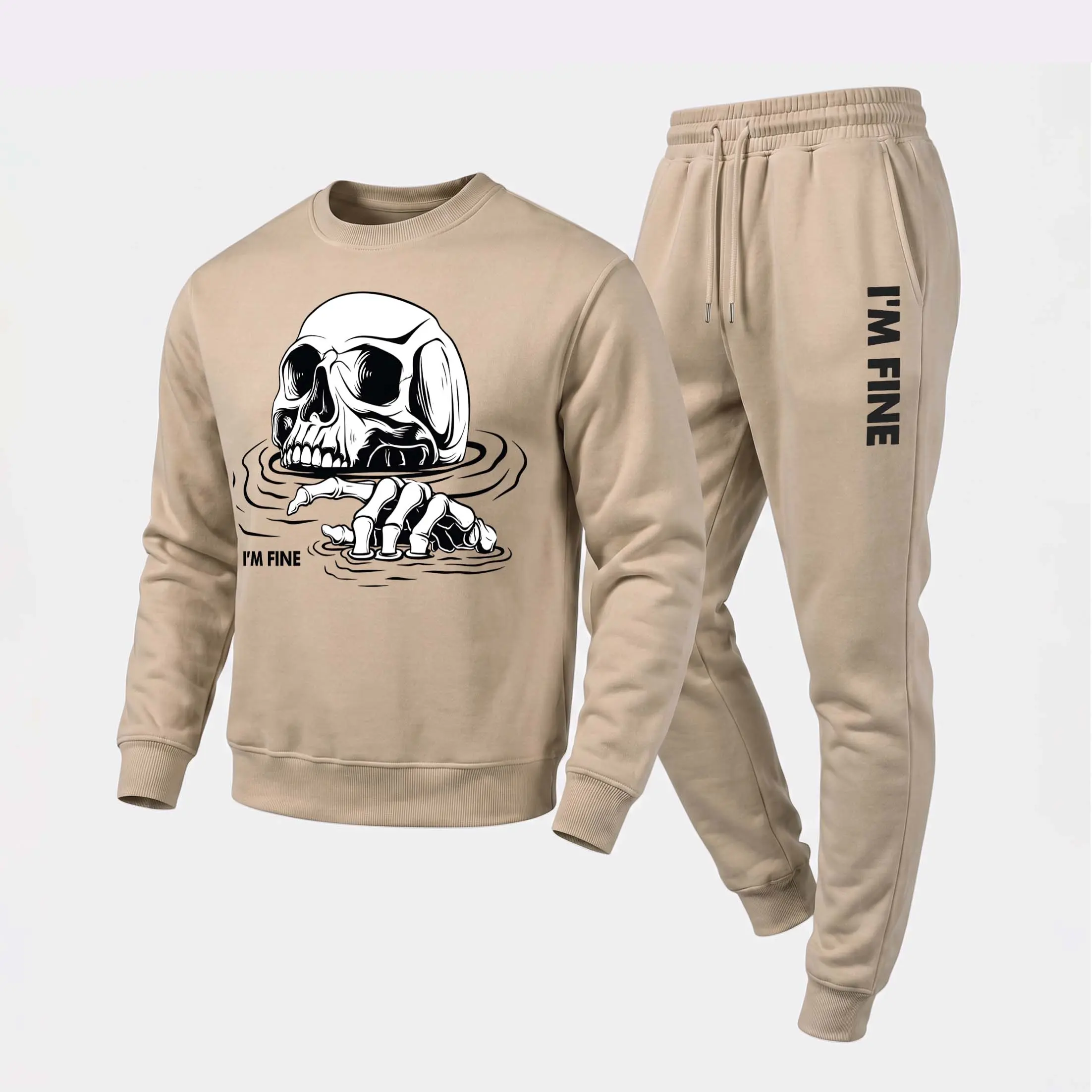 Men's  A Drowning Skull Bearing The Words "I'm Fine Crewneck Sweatshirt and Jogger Pants Set, Casual Long Sleeve Pullover with Drawstring Sweatpants, Fall Winter Tracksuit for Daily Wear, Travel, Lounge, Workout and Indoor Outdoor Activities