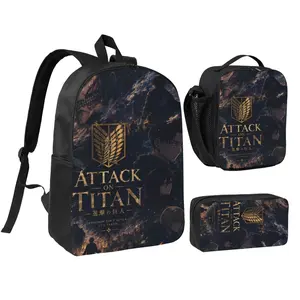 Anime Attack On Titan1 backpack with lunch bag pencil box for Teen Girls Boys, 3pcs kids school bag with adjustable straps, office travel bag Bookbag lunchbox