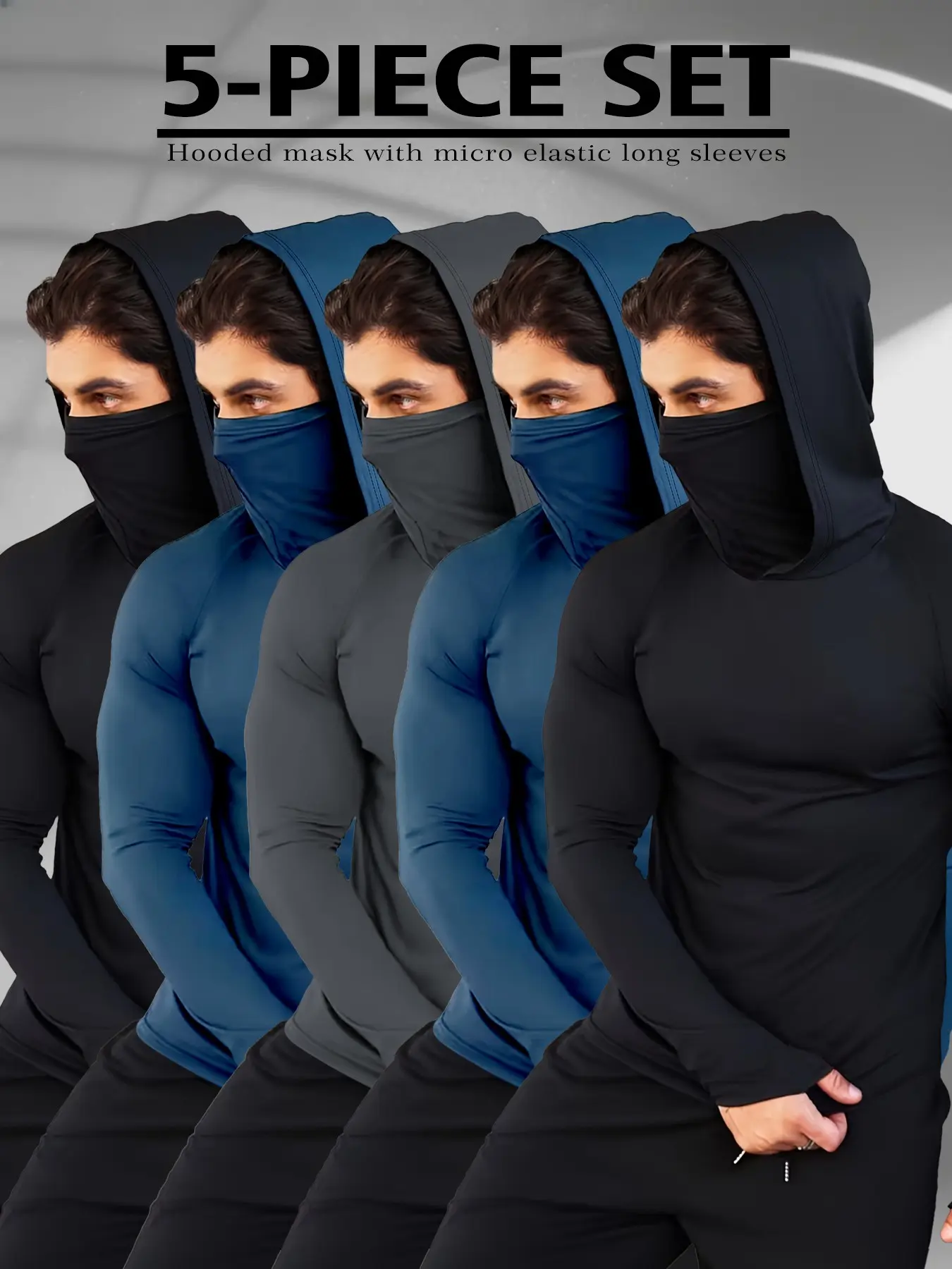 Men's 5 Pack Long Sleeve Hooded Shirts, Integrated Face Mask Micro Elastic Compression, Ninja Style Gym Workout Training Athletic Tops for Men