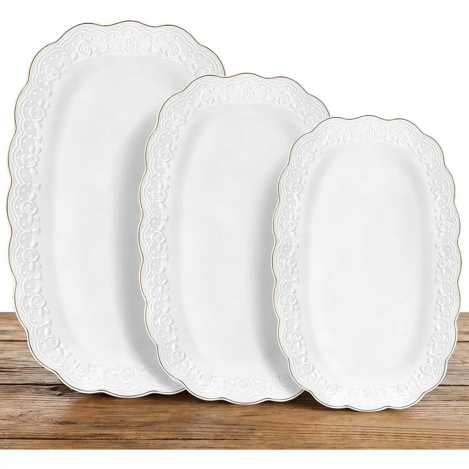 Ceramic Serving Platter Set | 14”/12”/10” Rectangular Serving Trays for Entertaining at Parties and Weddings | Oven Safe Large Serving Trays for Tacos, Steak, and Cake