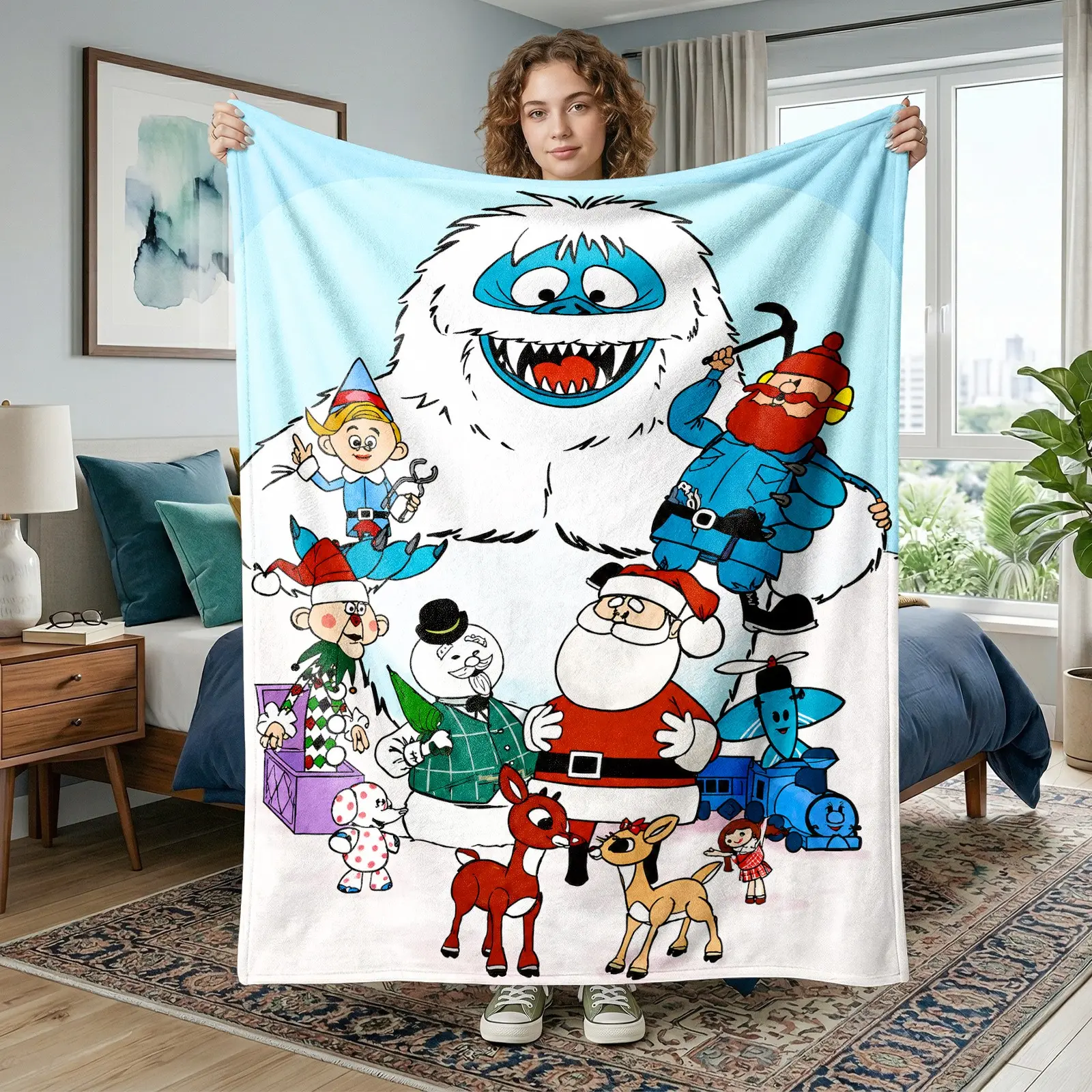 1pc Vintage Christmas Yeti Cartoon Character Fleece Blanket, Classic Xmas Animation Print With Santa Claus, Reindeer And Snow Monster, Soft Warm Cozy Nap Throw for Sofa, Bed, Office, Shawl, Camping Trip, Ideal for Christmas Gift