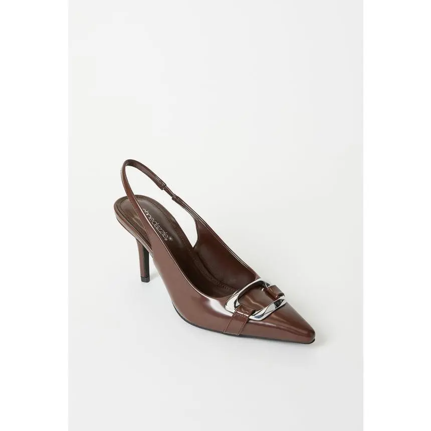 JUST FAB Women's Pointed Toe Slingback Pumps 3.25" Stiletto Heel Patent Faux Leather Dress Heels with Silver Buckle