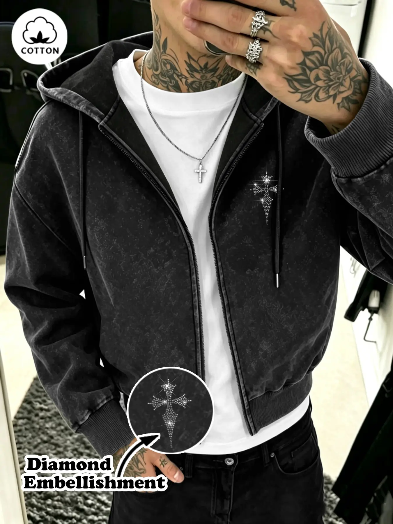 Men's Casual Hooded Sweatshirt, Starburst Cross Pattern, Rhinestone Details, Full Zipper, Regular Fit, Perfect Gift for Him