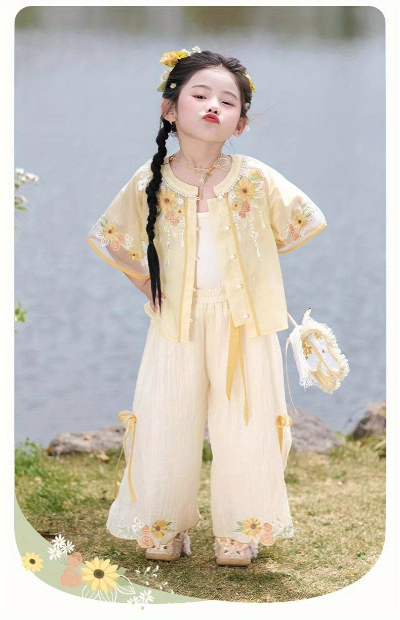 NewXingkui Girls' Outfit New Chinese Hanfu 2025 Summer Latest Super Cute Tang Dress Fashionable Summer Attire for Back to School, Chinese Size, Please Check The Size Guide Carefully