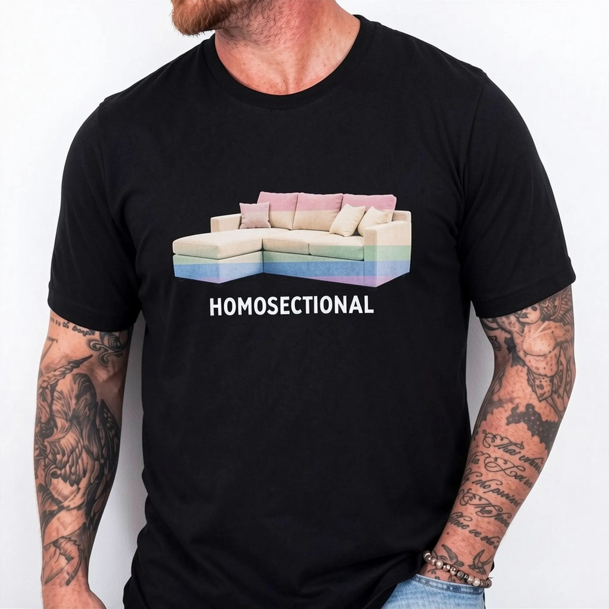 Homosectional Meme T-Shirt – Funny Baguette LGBTQ Rainbow Couch Tee – Gift for Pride Month, Queer, Lesbian, Bi, Trans Friends Viral Graphic Shirt