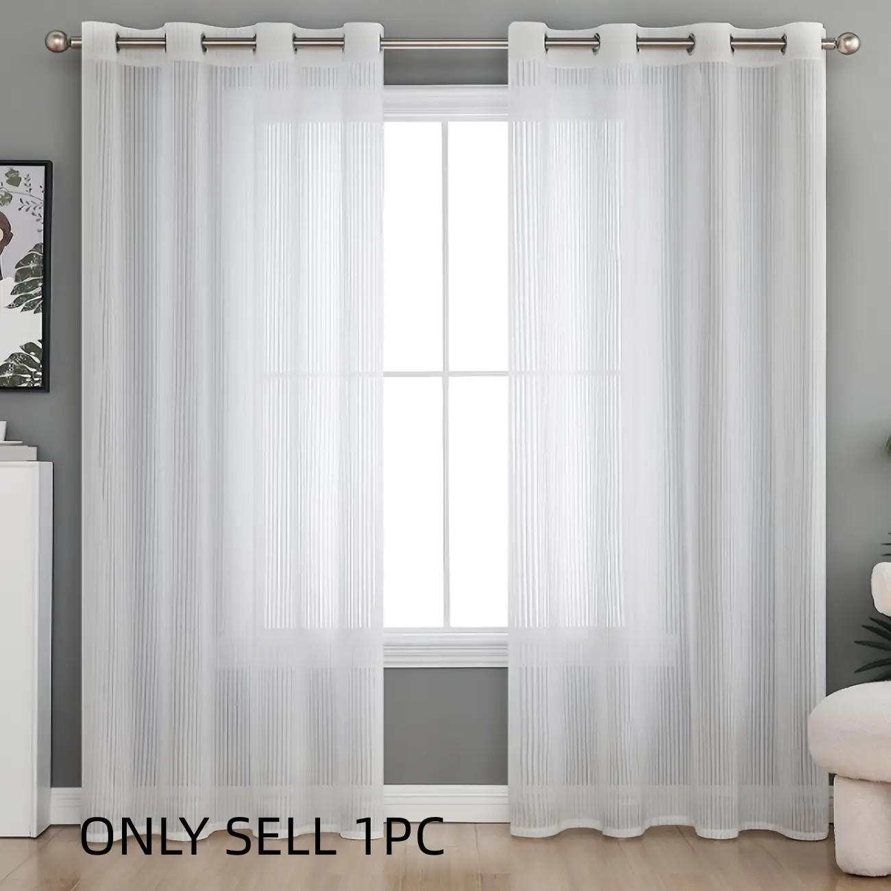 1pc Modern Classic Curtain, Vertical Stripe Semi-Transparent Drapes, Pre-Punched Holes, No Hardware Needed, Lightweight Sheer Polyester Window Treatments, Lightweight Curtains