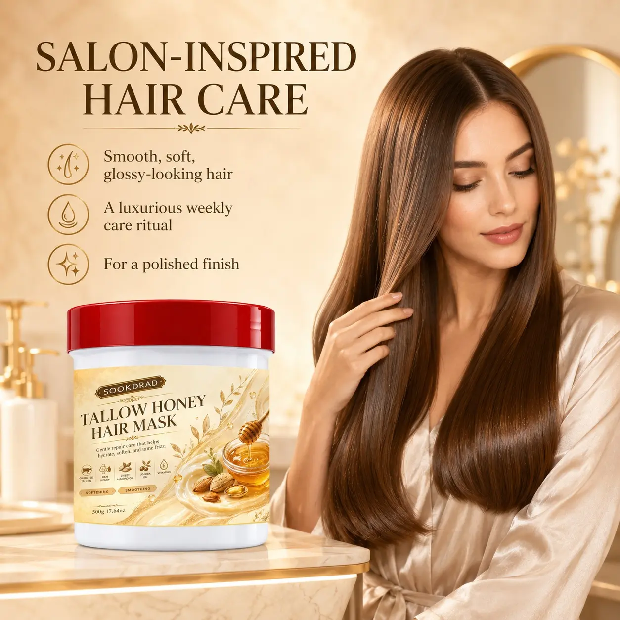 Tallow Honey Hair Mask, grass-fed tallow, raw honey, sweet almond oil, jojoba oil, vitamin E, hydrating, softening, frizz-taming, smoothing, hair care, 500g