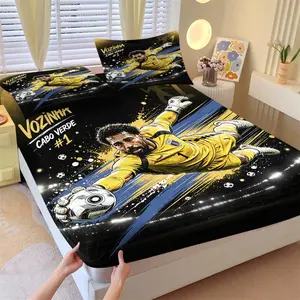 Vozinha-Cabo- Verde No.1 Goalkeeper Fitted Sheet Set, 1 Fitted Sheet + 2 Pillowcases, Deep Pocket Non-Slip Mattress Protector, Soft Breathable All Season Bedding, Graffiti Splash Soccer Player Print Bedding For Football Fans Bedroom Decor
