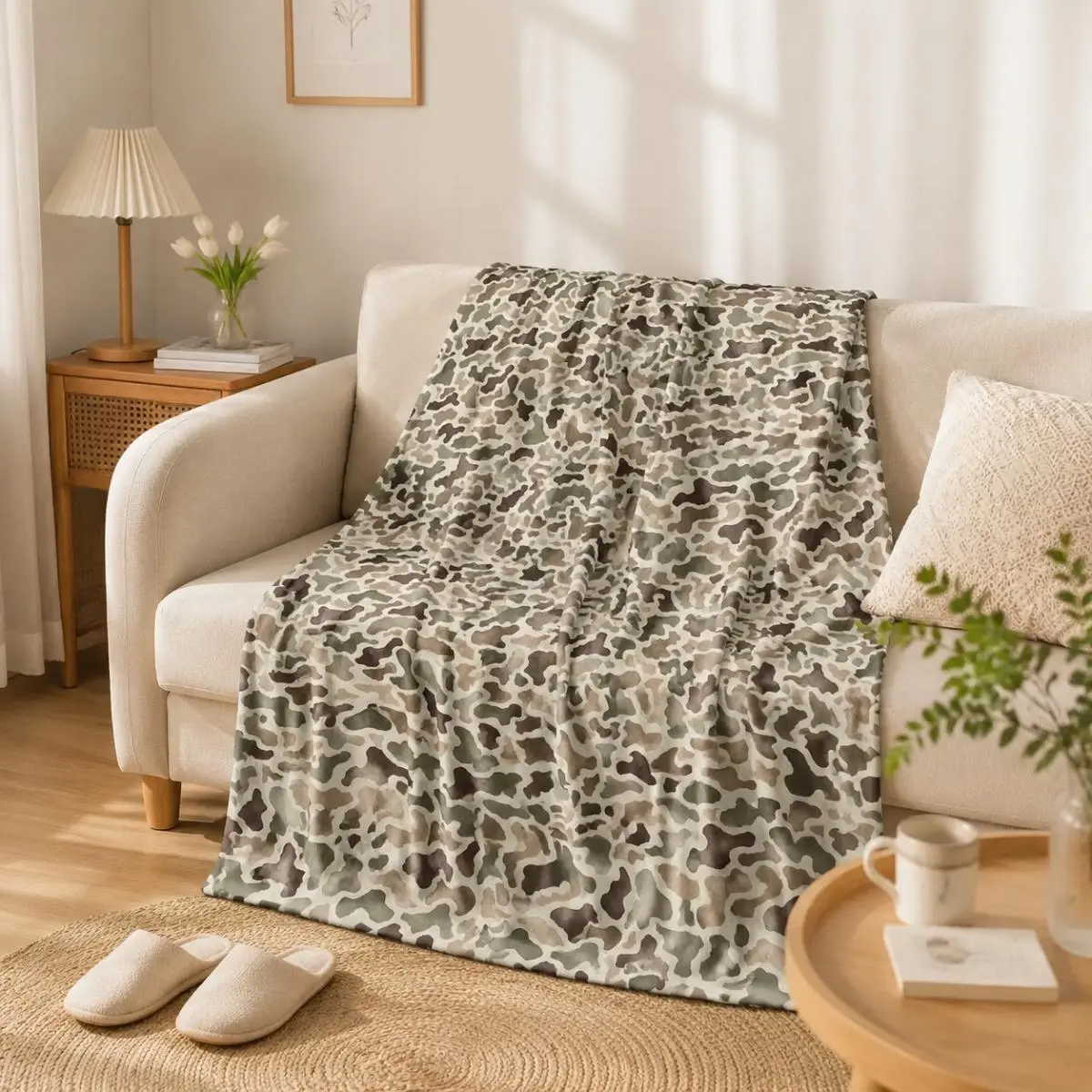 Camo Print Throw Blanket, Military Style Cover Blanket with Green Brown Pattern for Bedroom, Sofa and Camping, Stylish Home Decor Gift for Outdoor Lovers