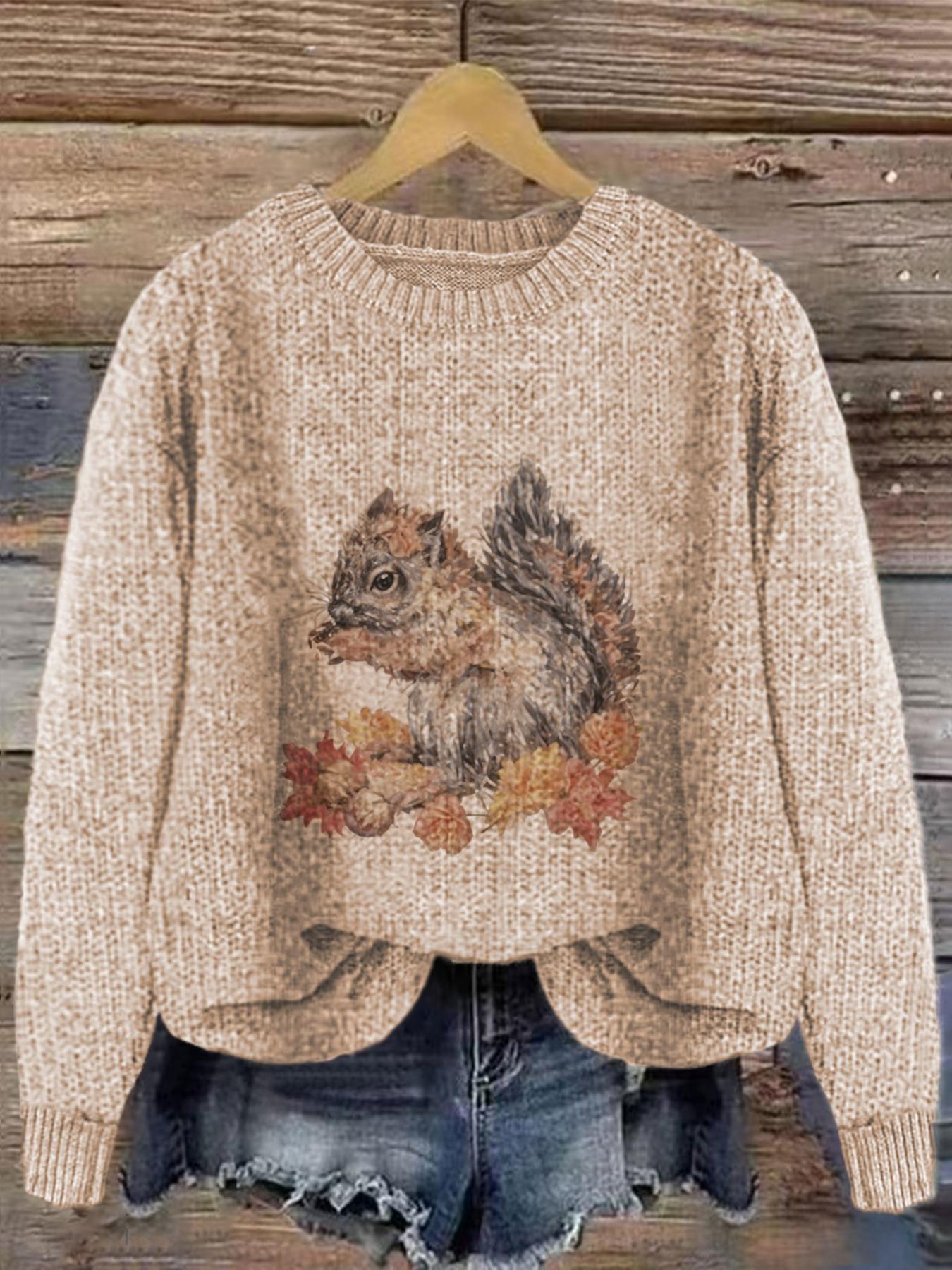 Women's Round Neck Cartoon Squirrel Print Sweater Knitwear, Loose-Fit Casual Knitted Pullover for Fall & Winter, Comfortable Daily Wear