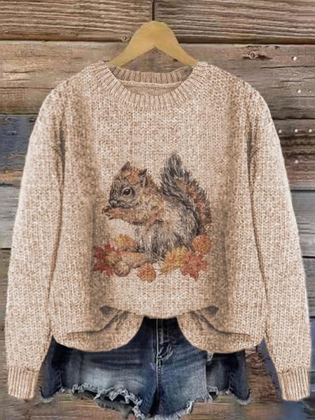 Women's Round Neck Cartoon Squirrel Print Sweater Knitwear, Loose-Fit Casual Knitted Pullover for Fall & Winter, Comfortable Daily Wear