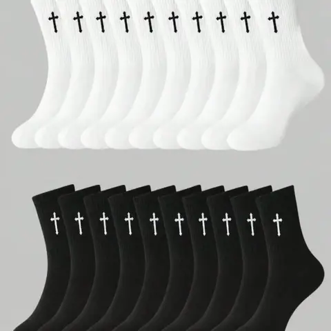20 Pairs Cross Pattern Crew Socks, Unisex Casual Mid-Calf Socks, All Seasons Wear, Knitted Socks