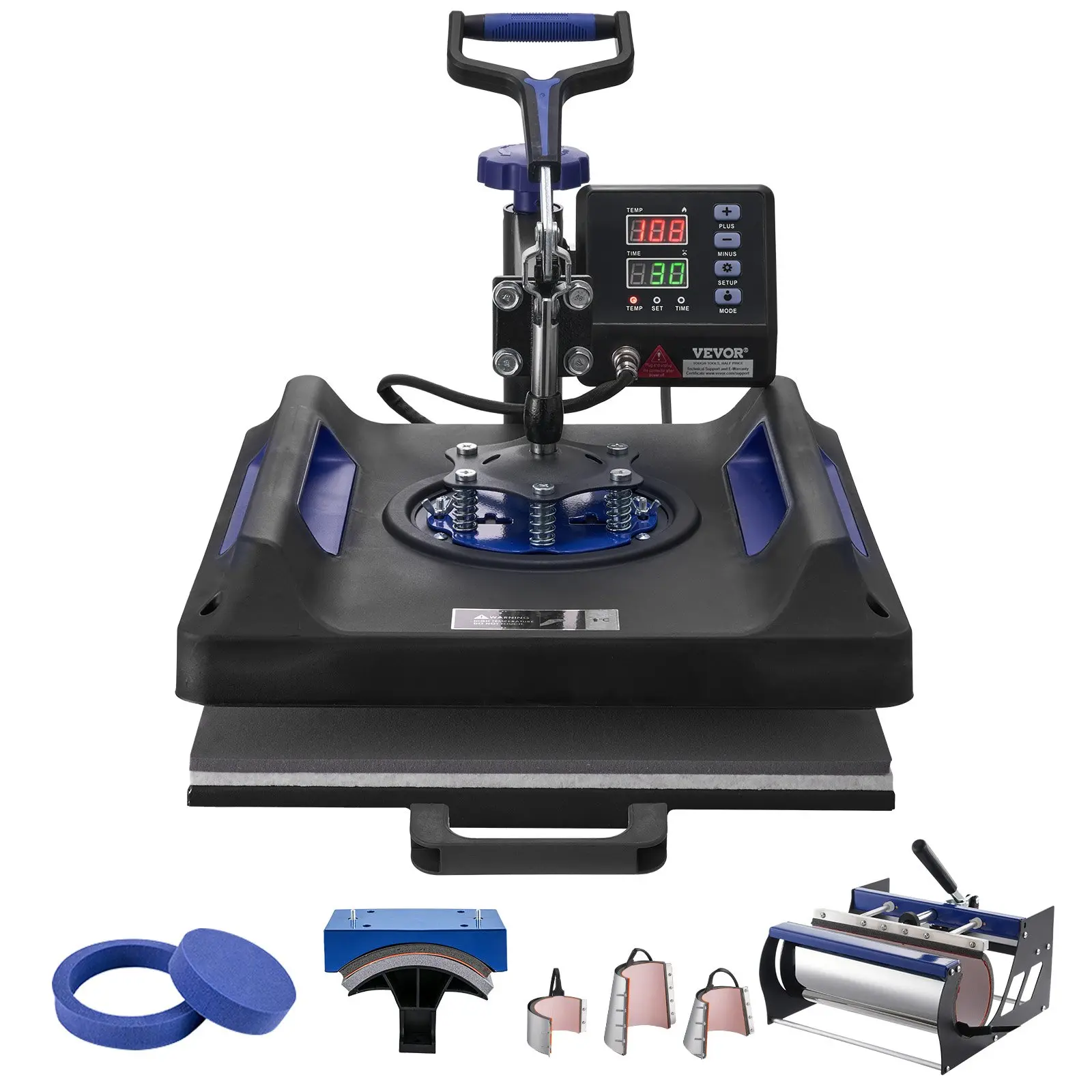 VEVOR Heat Press Machine, 15x 15 inch, 8 in 1 Heat Transfer Machine with 30 oz Tumbler Press, 360 Swing Away Digital T-Shirt Pressing, Teflon Coating, for T-Shirts/Mugs/Hats/Plates, Black+Blue