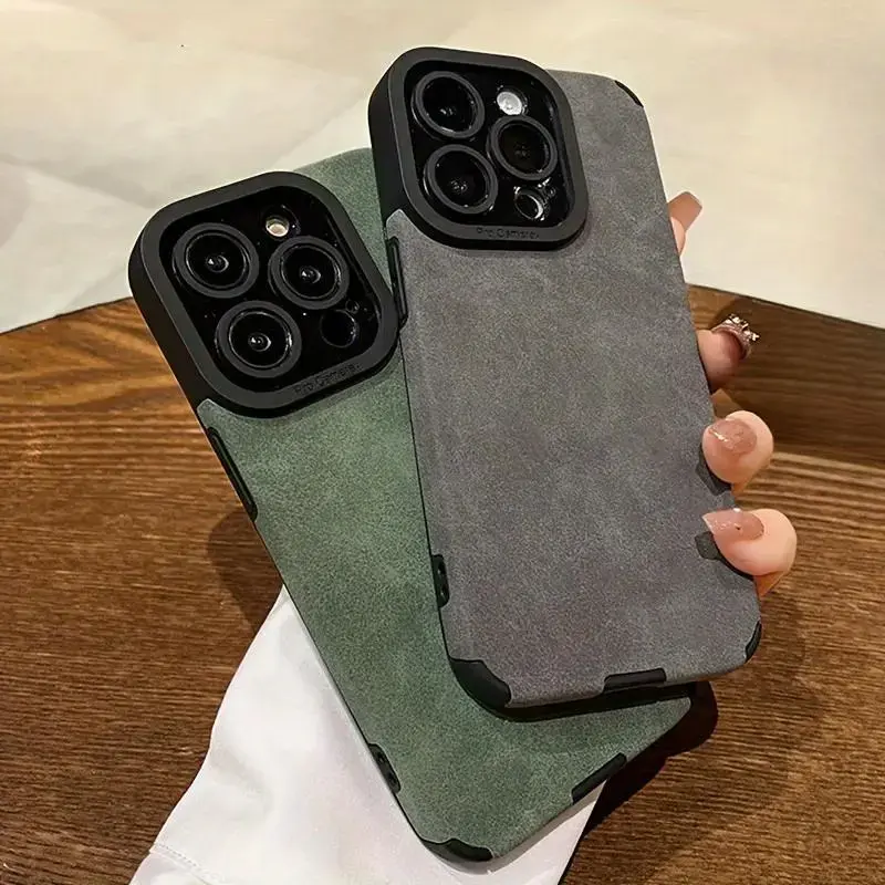 Luxurious Soft-Touch Matte Faux Leather Smartphone Cover Bundle for iPhone 17/16/15/14 Plus/13/12/11 Pro Max - Lens Protection Bumper, Silicone Build, Shock-Absorbing Protective Casing, Mobile Phone Accessories