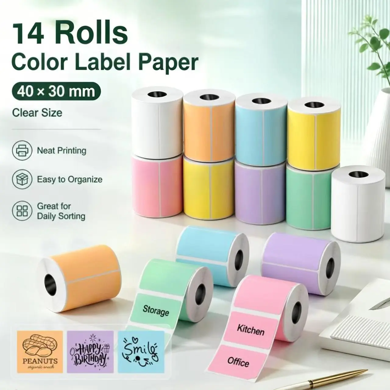 14 rolls of colored label paper; thermal label paper compatible with P50, B21, and M110 label printers (not compatible with Niimbot); 1.57 x 1.18 inch (40 x 30 mm) colored thermal labels; versatile labels suitable for back-to-school shopping, college supp