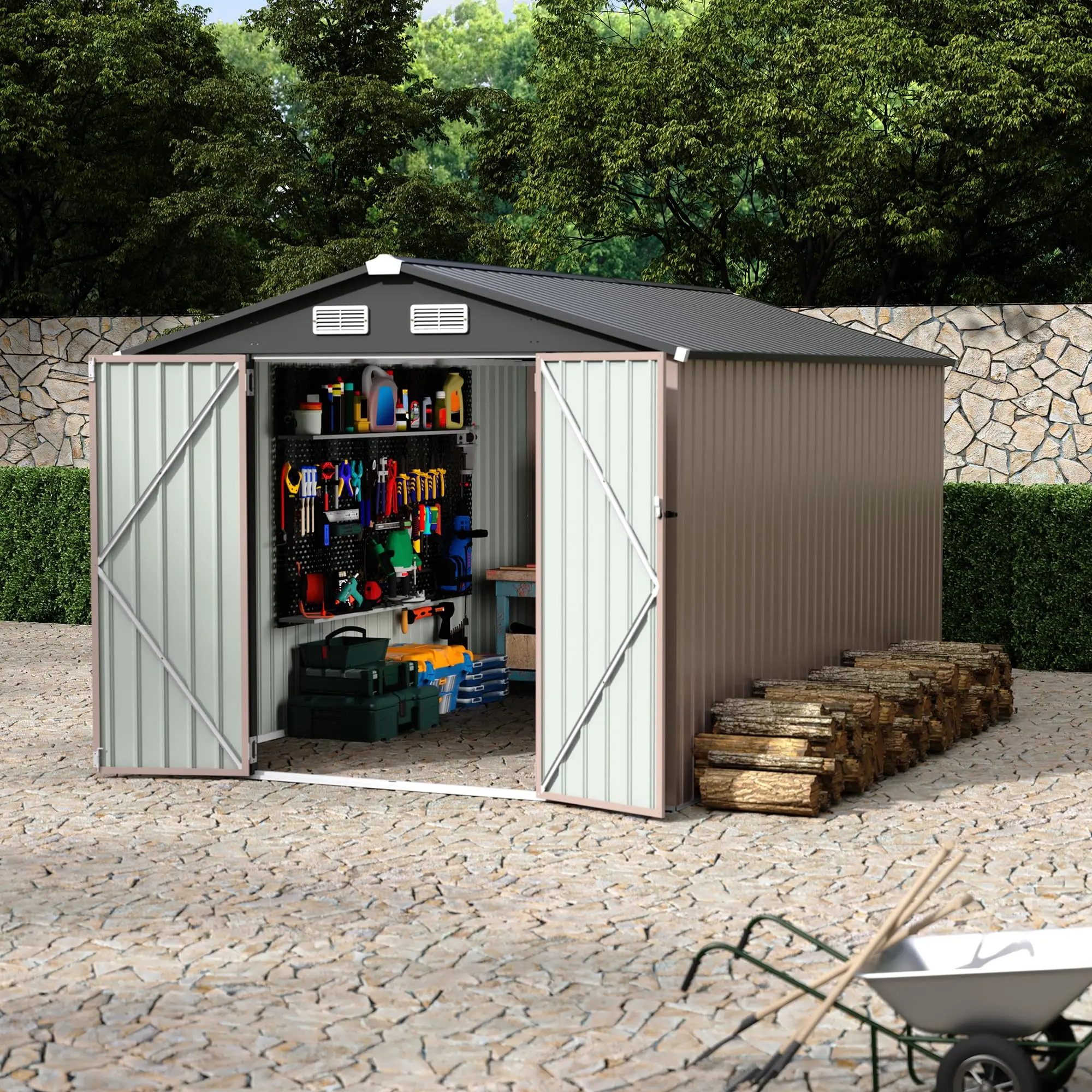 8 x 12 Ft Galvanized Steel Outdoor Storage Shed With Lockable Door, Air Vents, and Sloped Roof for Garden Gear