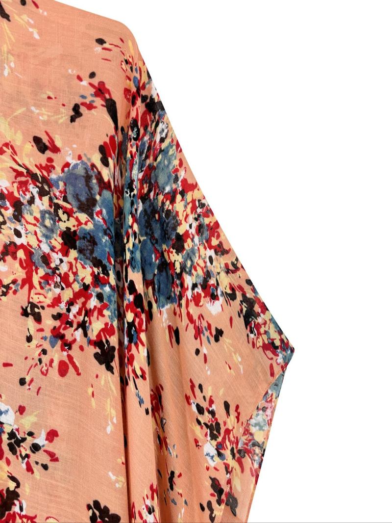 Women's All Over Print Batwing Sleeve Cover Up Top, Casual Split Hem Half Sleeve Cover Up for Beach Holiday Vacation, Boho Summer Outfits, Beach Cover Up, Swimsuit Coverup, Ladies Summer Clothes