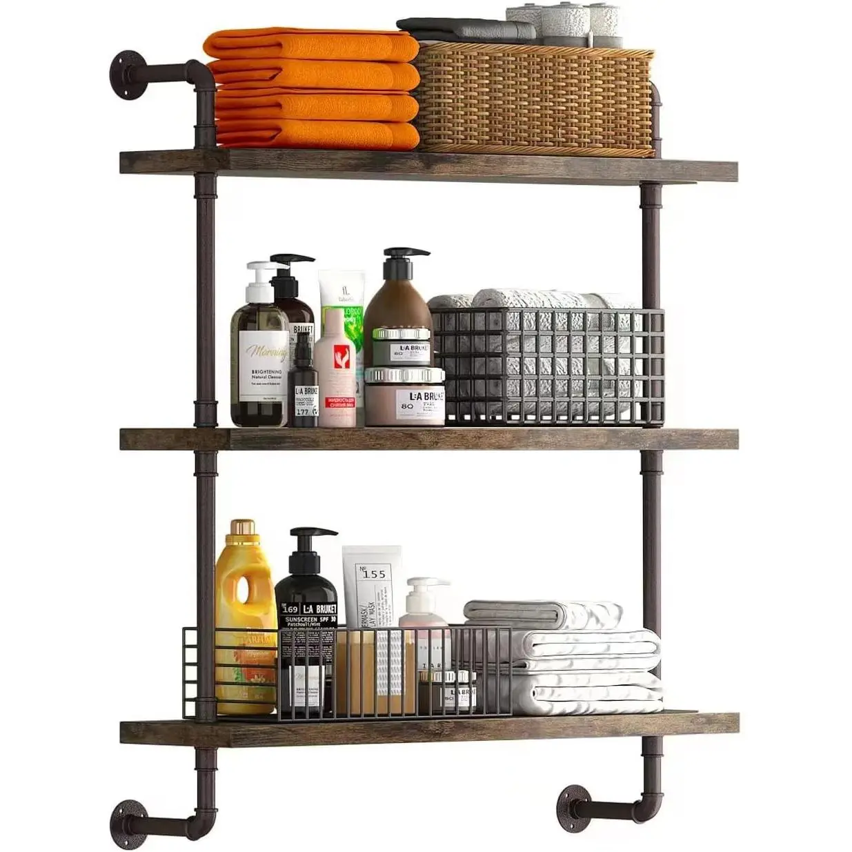 3 Tier Industrial Pipe Shelf Rustic Wood Floating Shelves,Wall Display Bookshelf,Storage Rack Sundries Holder for Kitchen Office Bathroom Organization and Home Decor (24inch)