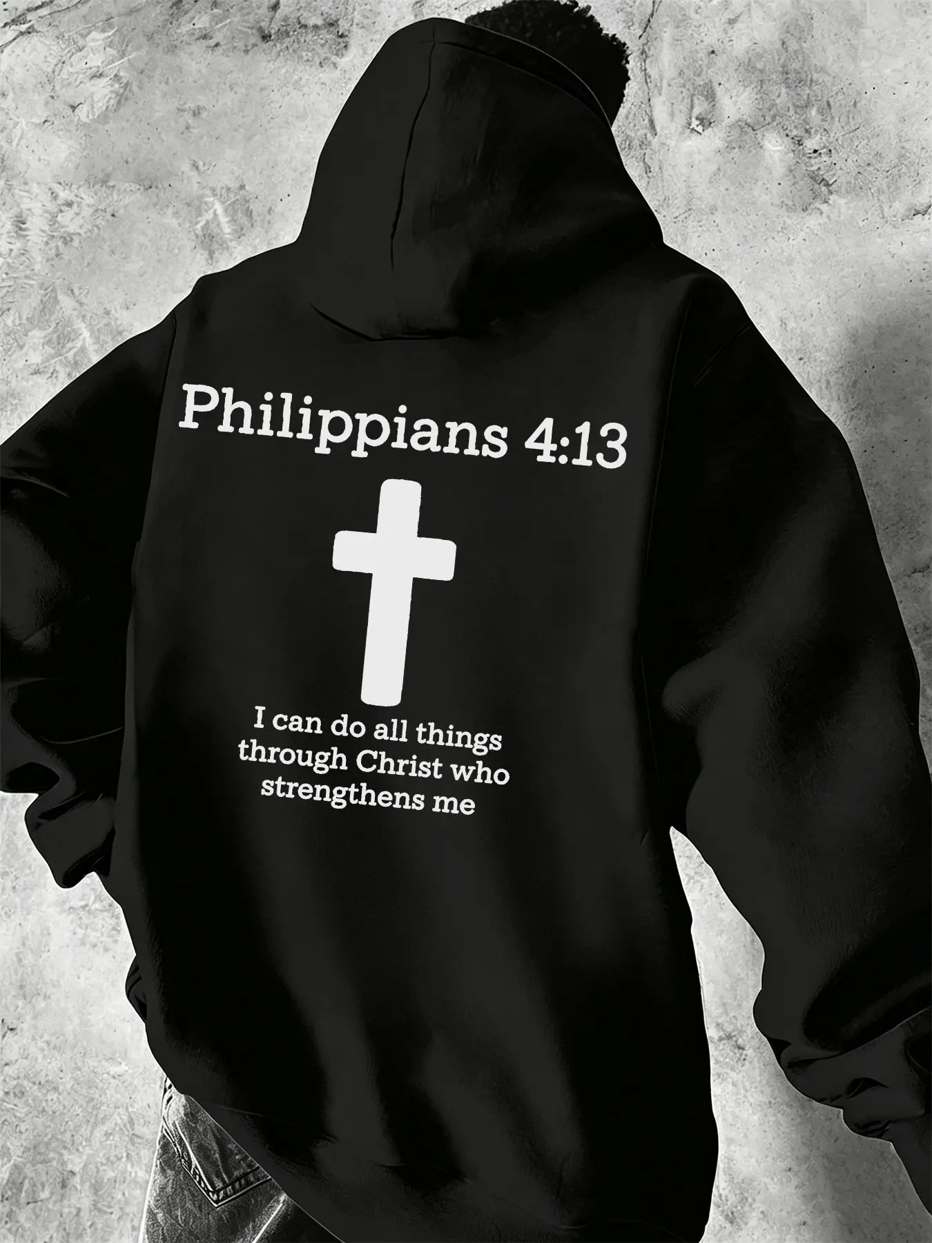 Mcd Philippians 4:13 Cross Back Print Hoodie, Unisex Oversized Pullover, Casual Streetwear Top, Fall Winter Daily Wear & Church Gathering