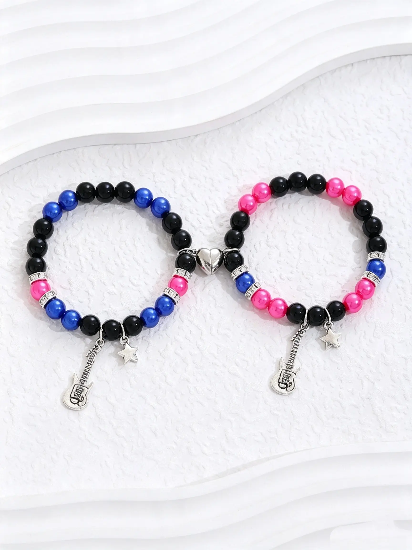 Magnetic Heart Bracelet for Couples, Rock Star Design, Music Lover Gift, Punk Style, Blue Color, Interchangeable Beads