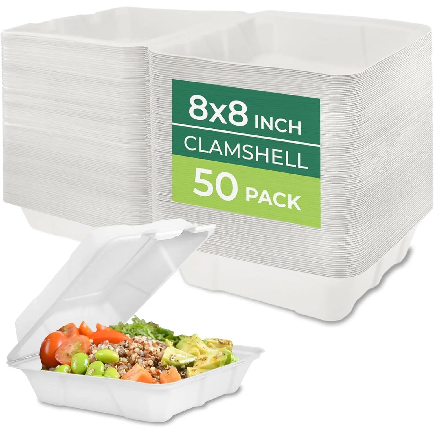 8x8 Inch Compostable Clamshell Food Containers 50 Pack, Sugarcane Biodegradable To Go Boxes, Heavy Duty Eco Friendly Paper Meal Prep Containers, Microwave & Freezer Safe, Stackable Takeout Containers