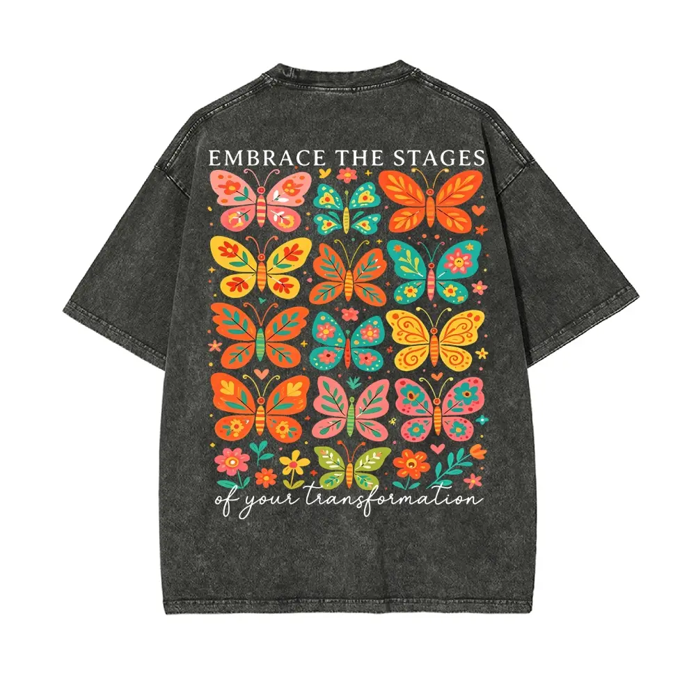 Embrace The Stages Of Your Transformation Double Sided Unisex Graphict Washed T-Shirt Personalized Pattern Y2k Clothing Round Neck Washed T-Shirt,Women's Clothing 100% Cotton, Menswear, Top, Vintage Style,Summer Casual Oversized