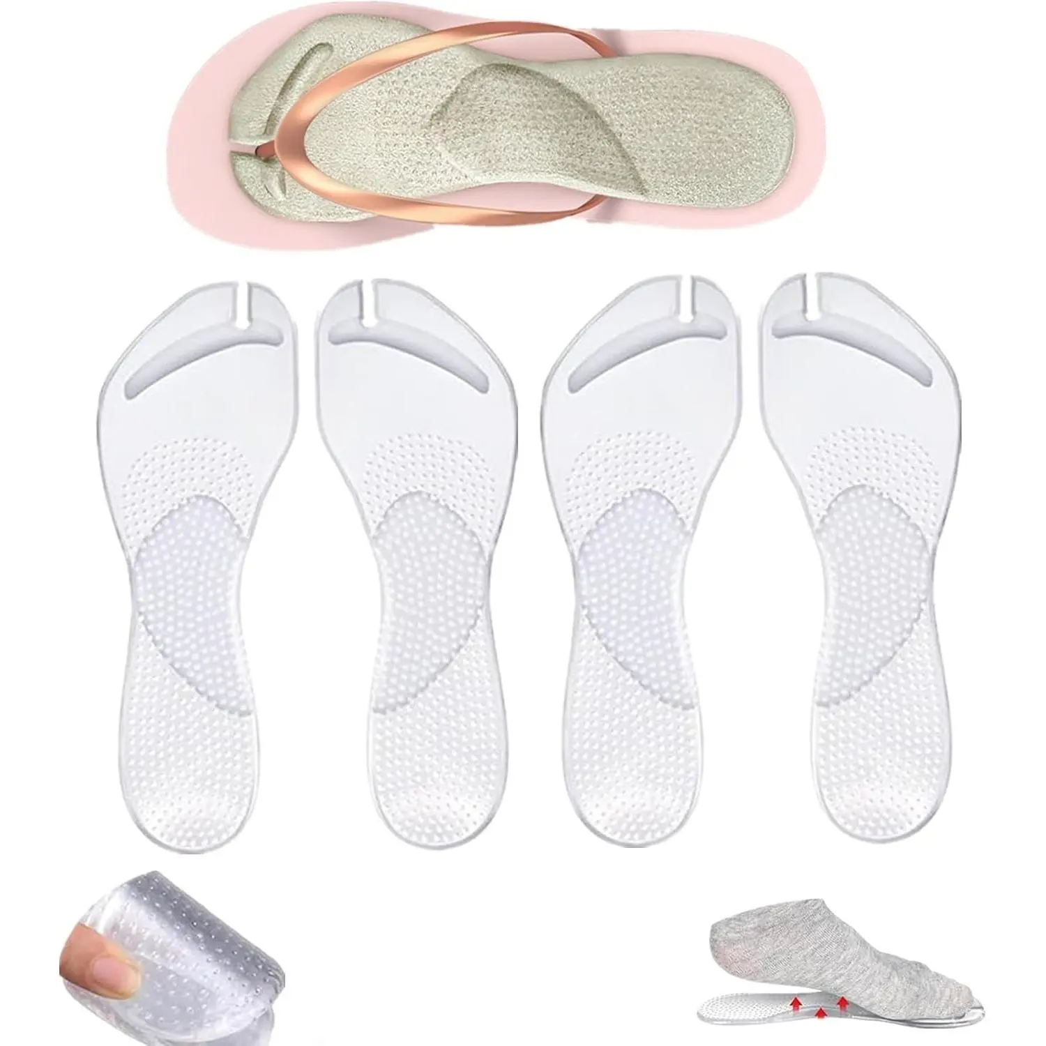 2 Pairs Gel Arch Support Cushion Insoles for Flip Flop Thong Sandals, Self Adhesive Gel Inserts for Pain Relief