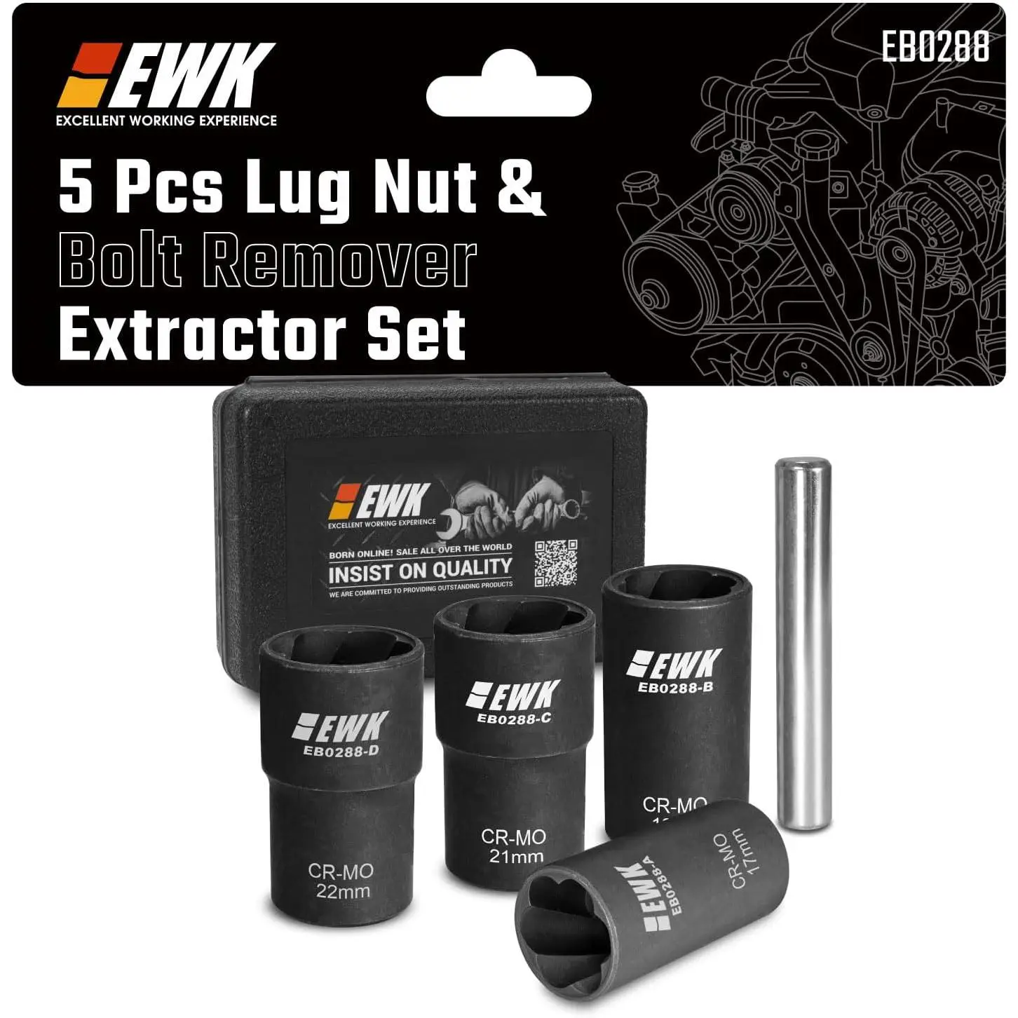 EWK 5 Pcs Lug Nut & Bolt Remover Extractor Set, 1/2 in Drive Twist Lug Nut Removal Tool with Bar, 17mm 19mm 21mm 22mm CR-MO Bolt Extractor
