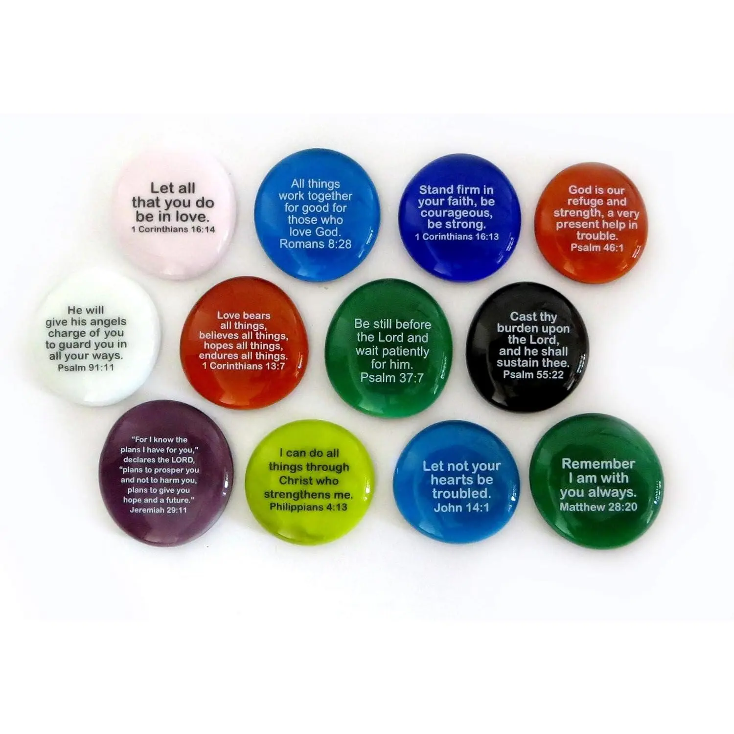Glass Scripture Glass Stones, 12 of Your Favorite Inspiring Bible Verses on Translucent and Opaque Rocks, Set I