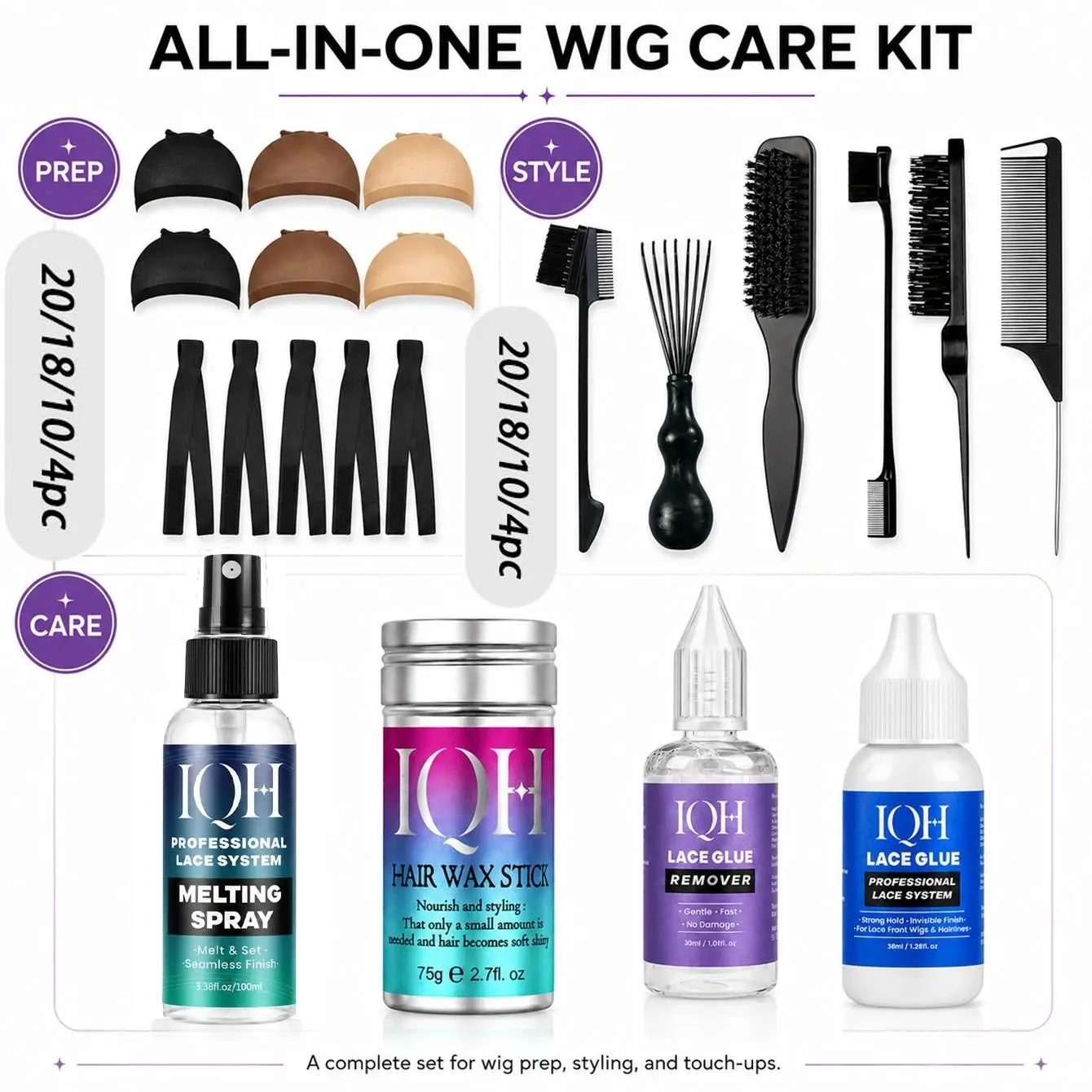 ✨ 20/18/10/4PC Lace Wig Install Kit 💜 Melting Spray • Lace Glue • Remover • Hair Wax Stick • Wig Caps & Styling Tools Hair Styling Product