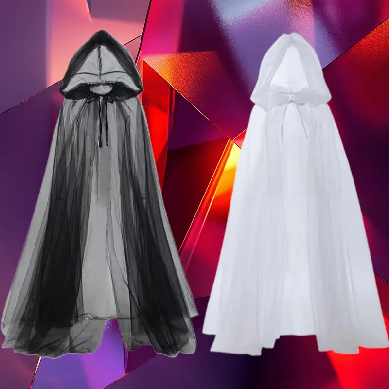 Unisex Hooded Dark-style Long Mesh Cool Cloak, Witch Cape for Halloween Role-play