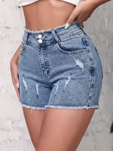 Women's Mid Blue High Waist Denim Capri Pants, Loose Straight Leg Knee-Length, Vintage Washed Multi-Pocket, American Streetwear Y2K Style