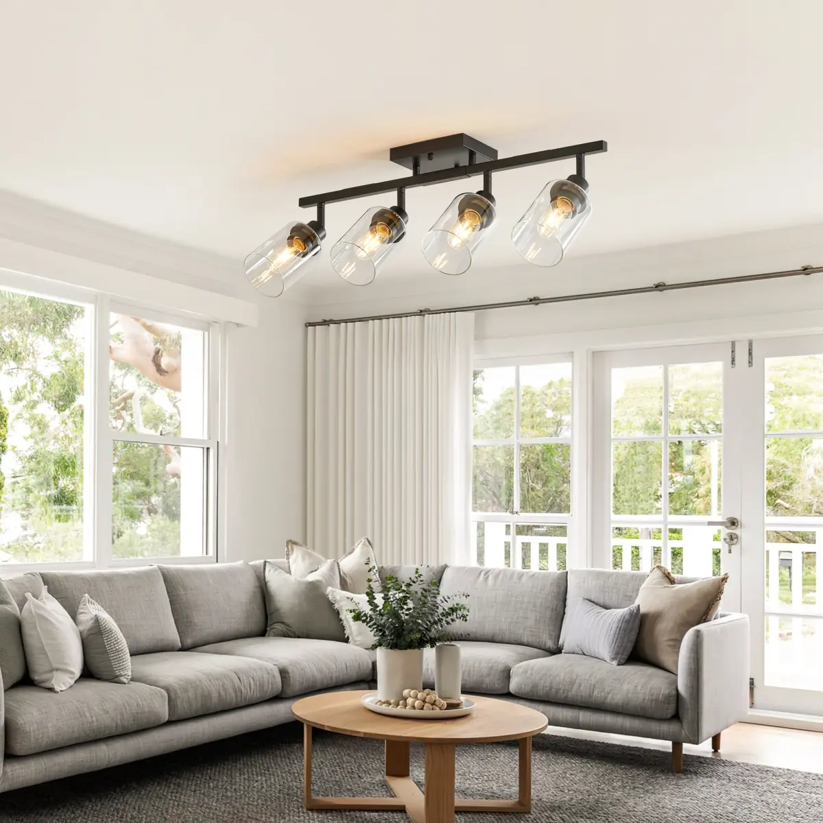 4-Light Track Lighting Fixtures Ceiling with Clear Glass Shades, Modern Black Semi Flush Mount Ceiling Light, Rotatable Wall Mount Ceiling Lamp for Kitchen Hallway Bedroom(Bulb Not Included)
