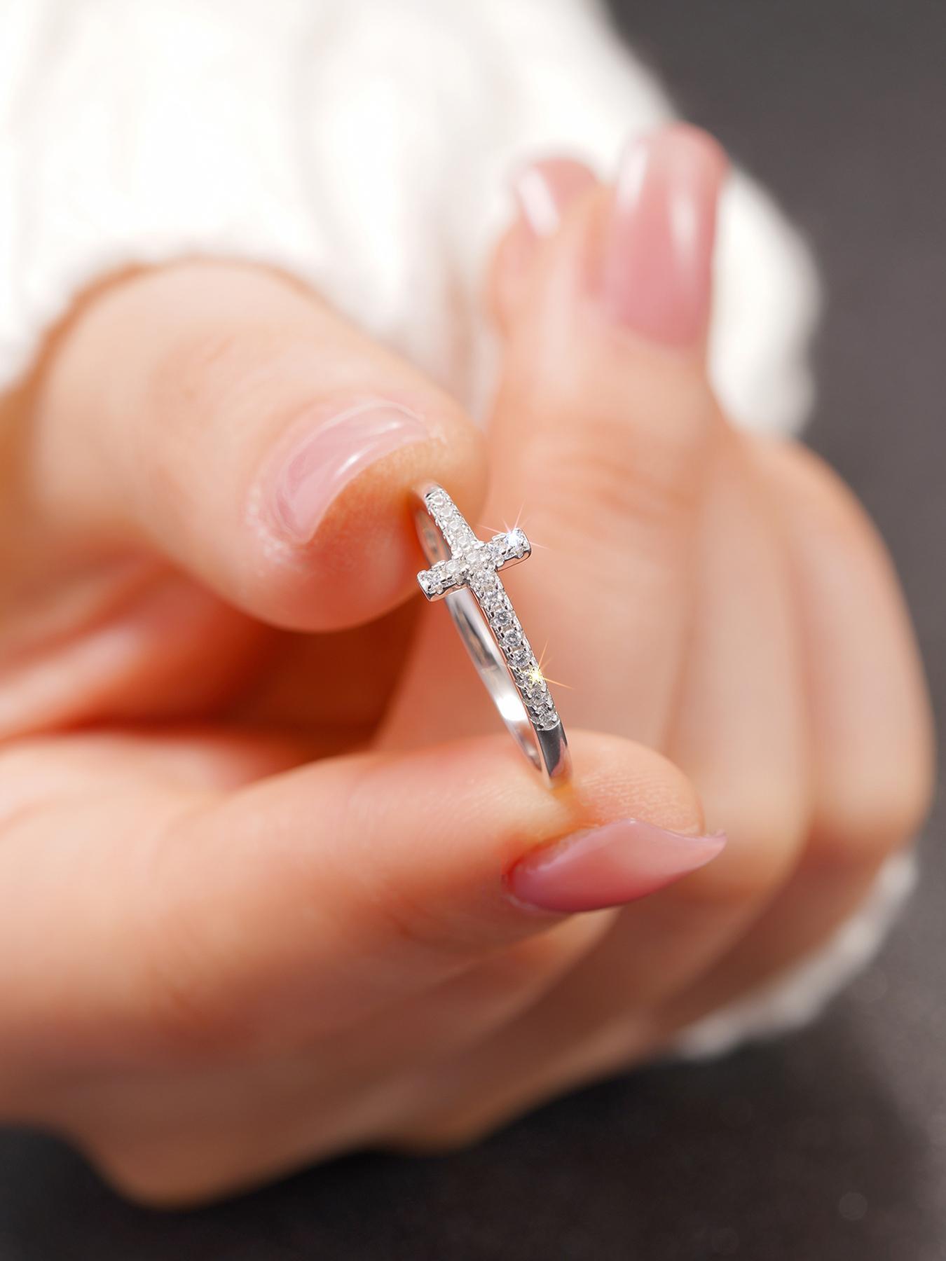 S925 Sterling Silver Cross Design Rhinestone Decor Multi Cut Cluster Ring, Fashion Accessories, Trendy All-match & Exquisite Jewelry Form Women